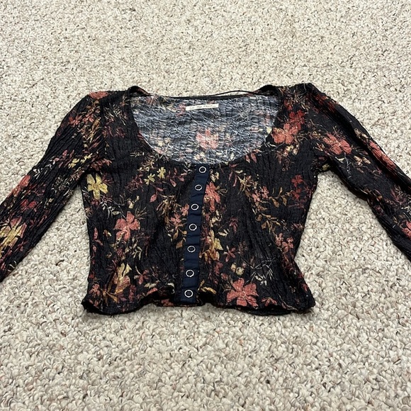 Free People We the Free Angelina Floral Print Crop Top Snap Front Sheer Grunge - Picture 1 of 8